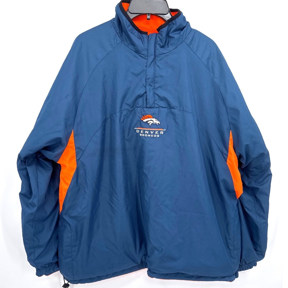 NFL Mens Denver Broncos Pullover Jacket XL Blue Reversible Fleece Quarter Zip